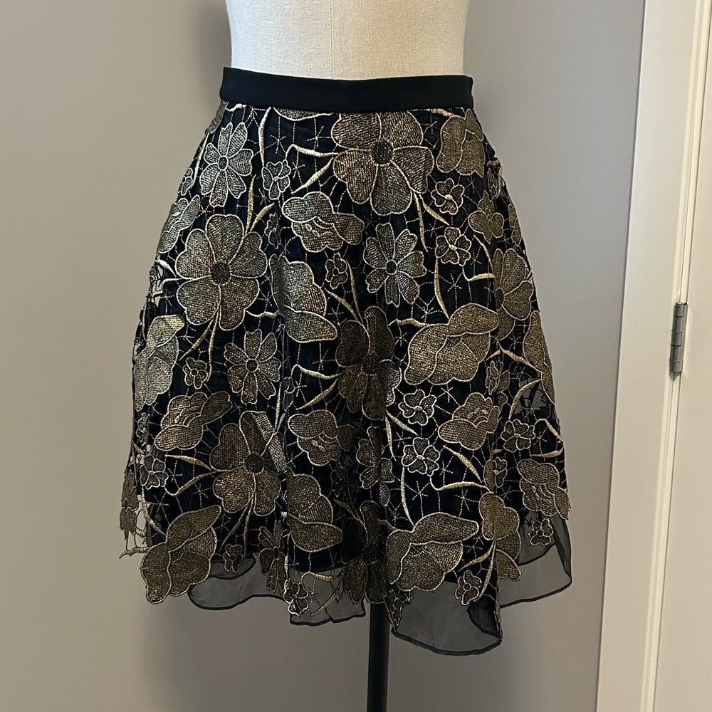 Anthropologie Eva Franco Gilt Bouquet Skirt Black Gold Lace